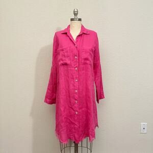 MILIO MILANO Shirt Dress Womens XS Hot Pink Linen Midi Roll Tab Sleeve Fringed